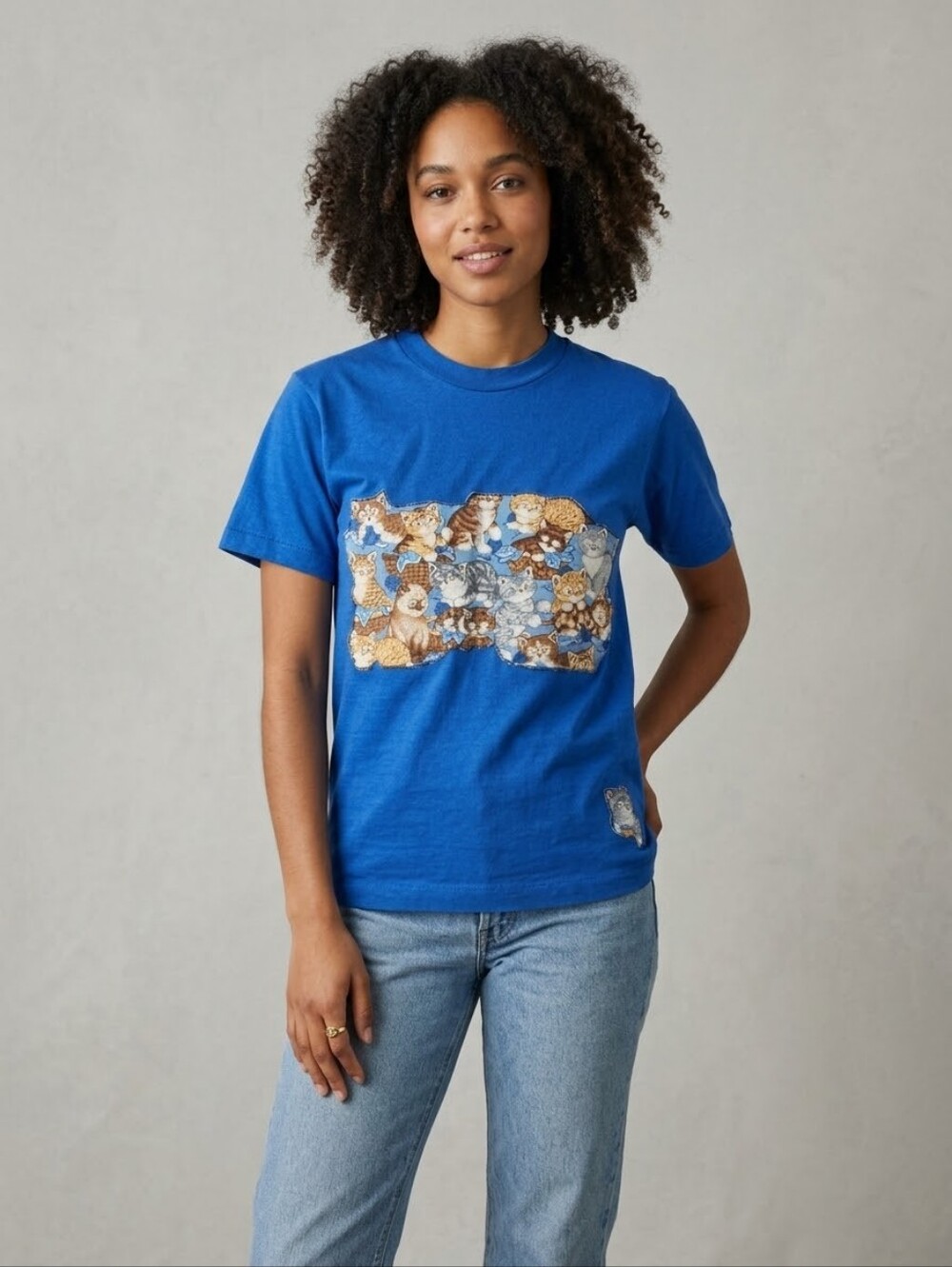 Vintage 80s/90s Kitten Cat Patch Graphic Tee Single Stitch Fruit of the Loom S